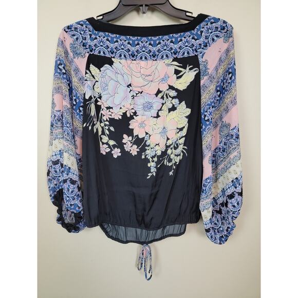 Free People Blue Nile Top Size X-Small Black and Blue Print 3/4 Sleeve Waist Tie - Picture 4 of 5